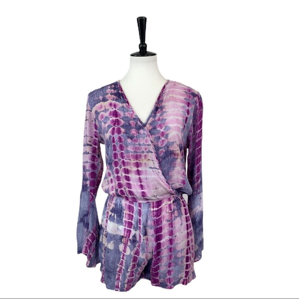 Umgee Romper Wrap Top Boho Purple Tie Dye Long Bell Sleeve Women's Size Small